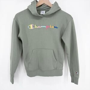 Champion Girls Sage Green Fleece Hoodie Rainbow Script Logo Size L (10/12)  GUC